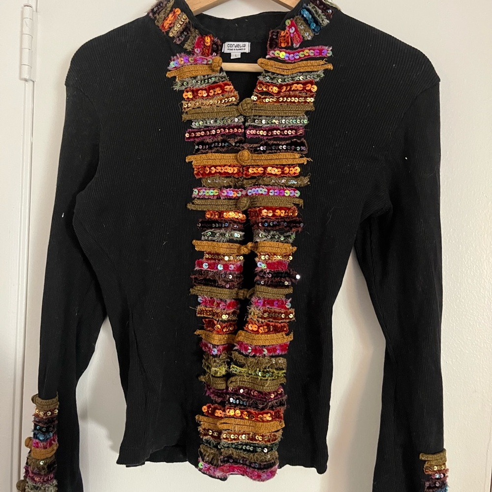 Colorful Embellished Black Blouse